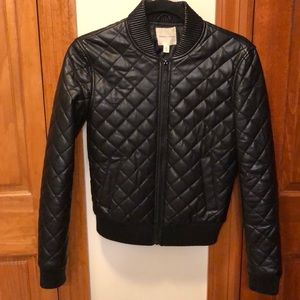 Quilted black faux leather bomber jacket